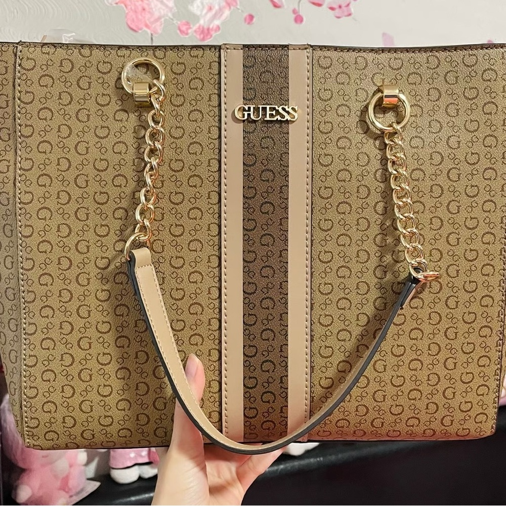 Guess Tan Monogram Tote with Gold Chain
